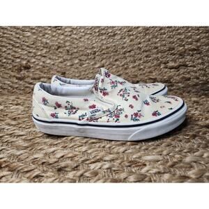 Vans Slip On Women Size 6 Beige Pink Roses Floral Skateboard Shoes Loafers